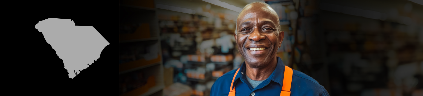 An older hardware store worker in a blue and orange apron stands in his shop and smiles at the camera.