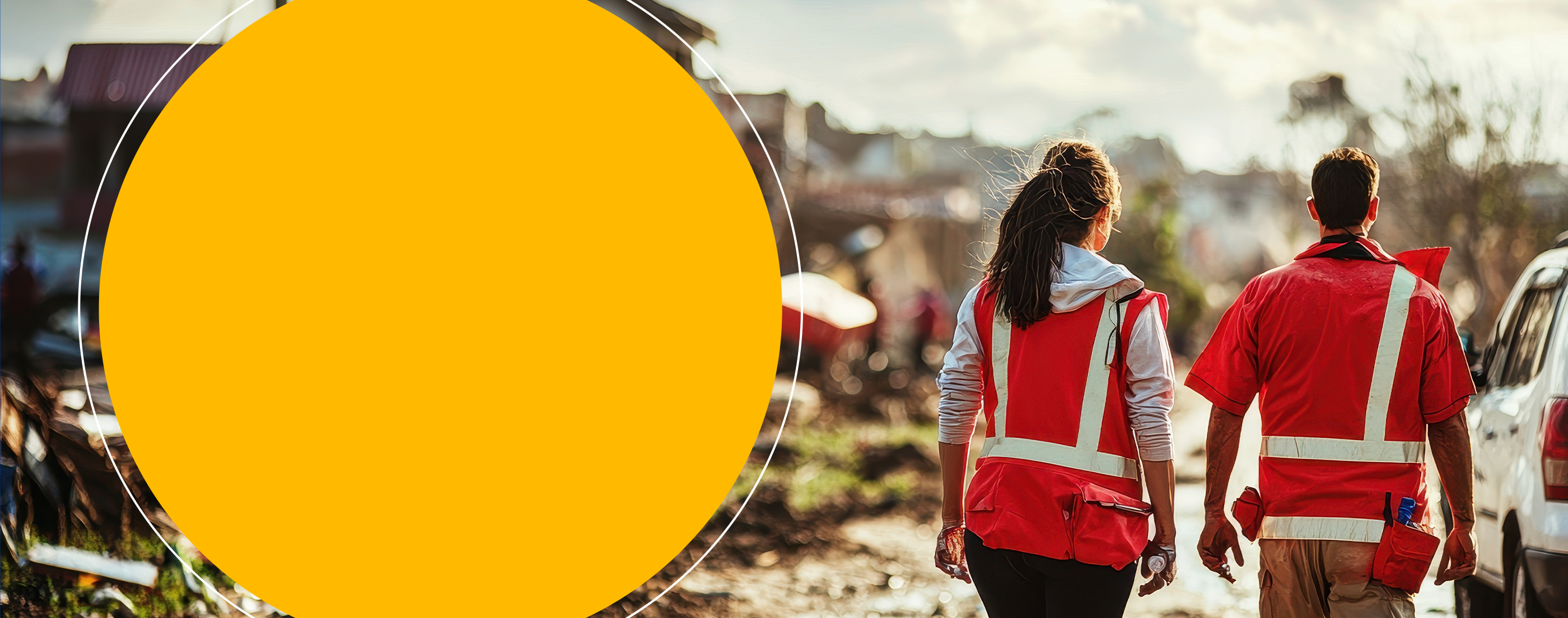 Two disaster relief workers walking through a damaged neighborhood, representing disaster aid and recovery efforts