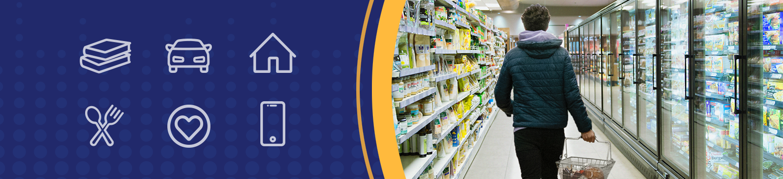 A person in a dark blue, puffy hooded jacket walks away from the camera and down a supermarket aisle with household items stacked on the shelves on both sides. The person carries a shopping basket containing only the few items they could afford as they walk toward the checkout lanes.